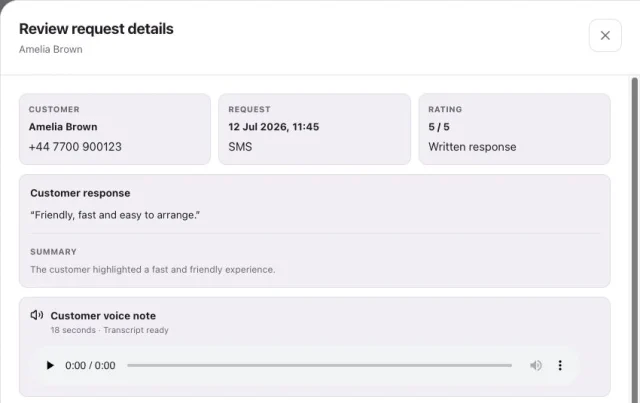 RoundRobin review request detail showing a customer rating, written feedback, summary and optional voice note