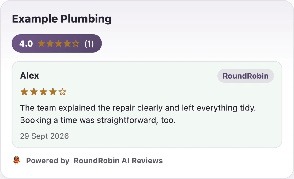 RoundRobin website Reviews widget showing fictional four-star feedback from Alex for Example Plumbing